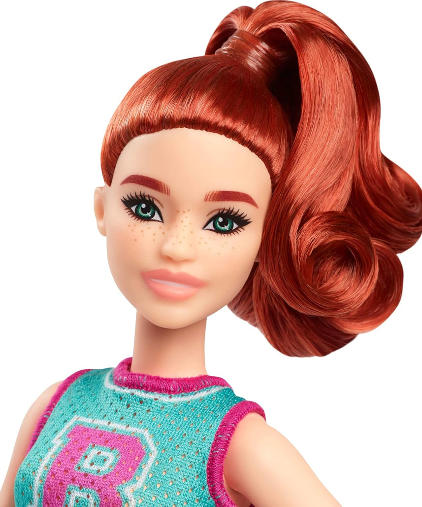 Barbie Fashionistas Doll #232 with Red Hair, Sporty “B” Jersey Top, Pleated Purple Skirt, Watch and Sneakers