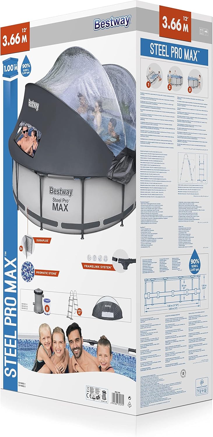 Bestway Steel Pro™ Round Above Ground Pool 366 x 100 cm with Canopy, Filter Pump & Ladder, DuraPlus™ Liner – Ages 18+