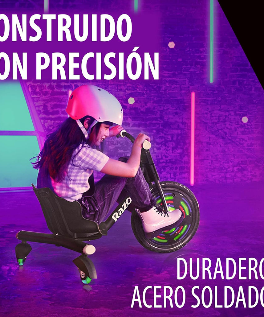 دراجة Razor RipRider 360 Lightshow Drifting ثلاثية العجلات للأطفال من سن 5 سنوات فما فوق، مزودة بدواسة ومصابيح LED متعددة الألوان تعمل بالحركة وعجلات خلفية