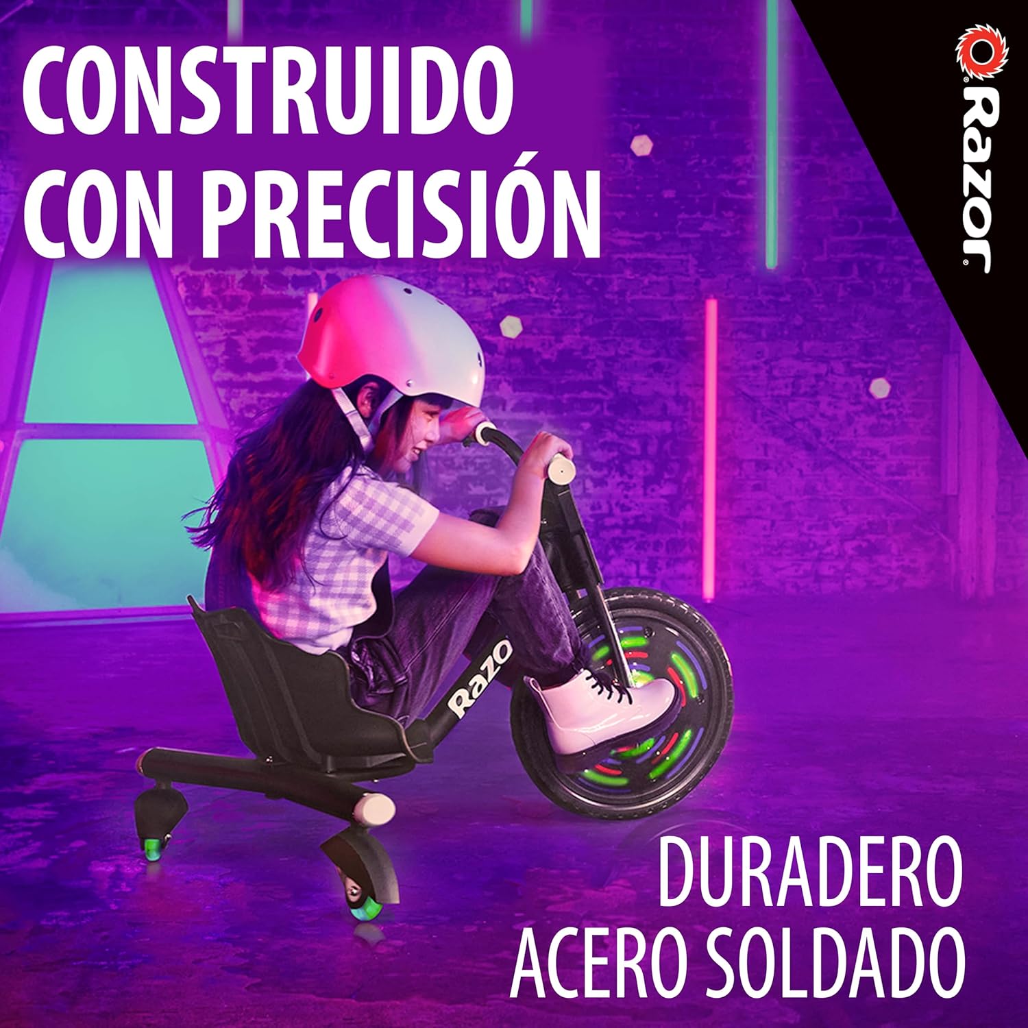 دراجة Razor RipRider 360 Lightshow Drifting ثلاثية العجلات للأطفال من سن 5 سنوات فما فوق، مزودة بدواسة ومصابيح LED متعددة الألوان تعمل بالحركة وعجلات خلفية