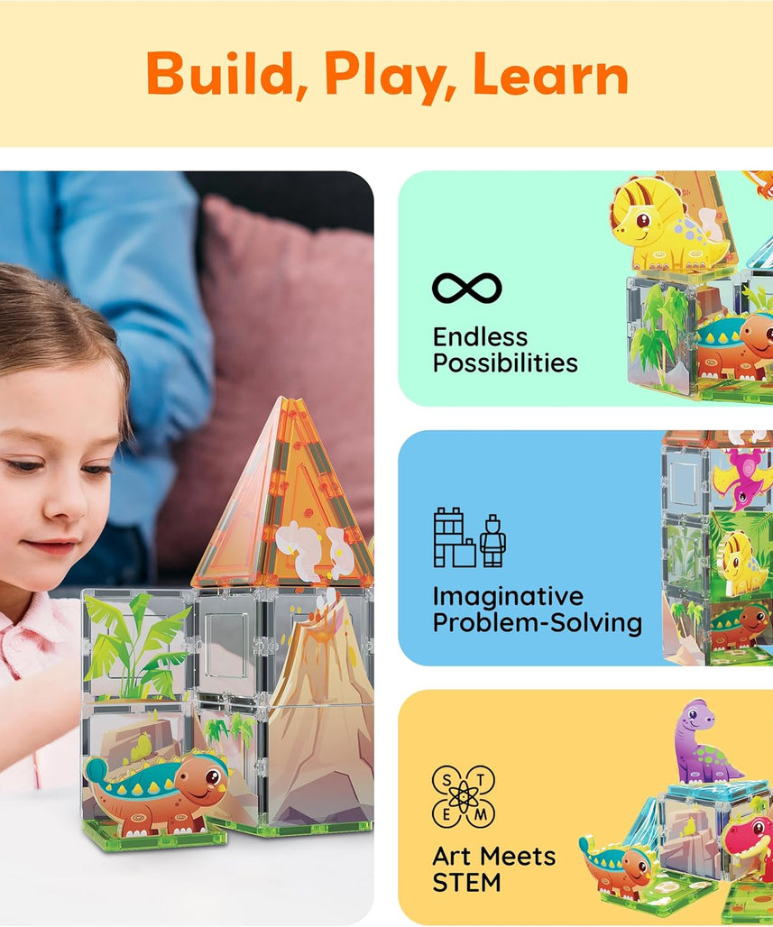 PicassoTiles 38pc Magnet Tiles Building Blocks Dinosaur Theme Set with 8 Magnetized Action Figures Magnetic Construction Build and Play Toys with Magnets STEM Learning Activities for Toddlers 3+ PTQ13