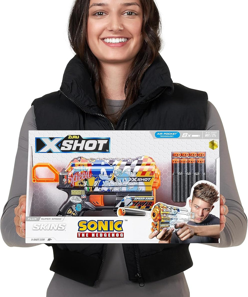 X-Shot Skins Flux Sonic Blaster, Sonic the Hedgehog Theme, 8 Darts, Air Pocket Technology, Single & Front 2 Dart Storage, 27m / 90ft Range, Outdoor Foam Dart Toy, Kids & Teens