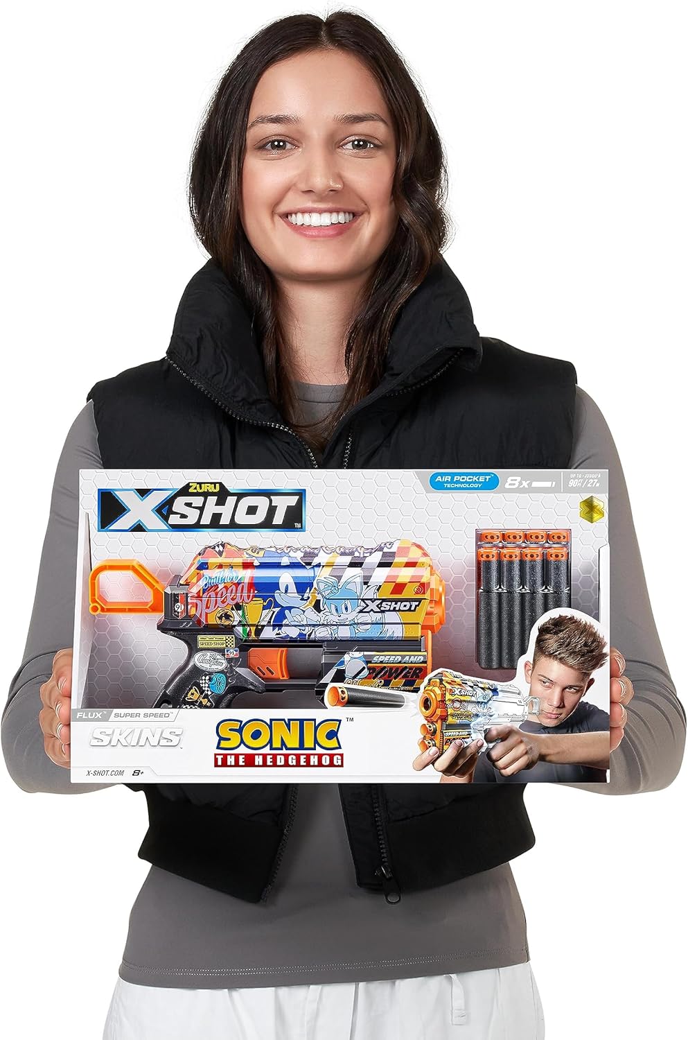 X-Shot Skins Flux Sonic Blaster, Sonic the Hedgehog Theme, 8 Darts, Air Pocket Technology, Single & Front 2 Dart Storage, 27m / 90ft Range, Outdoor Foam Dart Toy, Kids & Teens