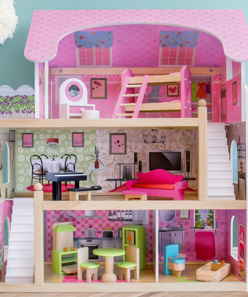 بيت دمى خشبي من EduFun مع شرفة للأطفال الصغار، فيلا دمى كبيرة من 3 طوابق مع 4 غرف، سلالم، ملحقات أثاث من 15 قطعة، لعبة تظاهر تعليمية للأطفال من سن 3 سنوات فما فوق