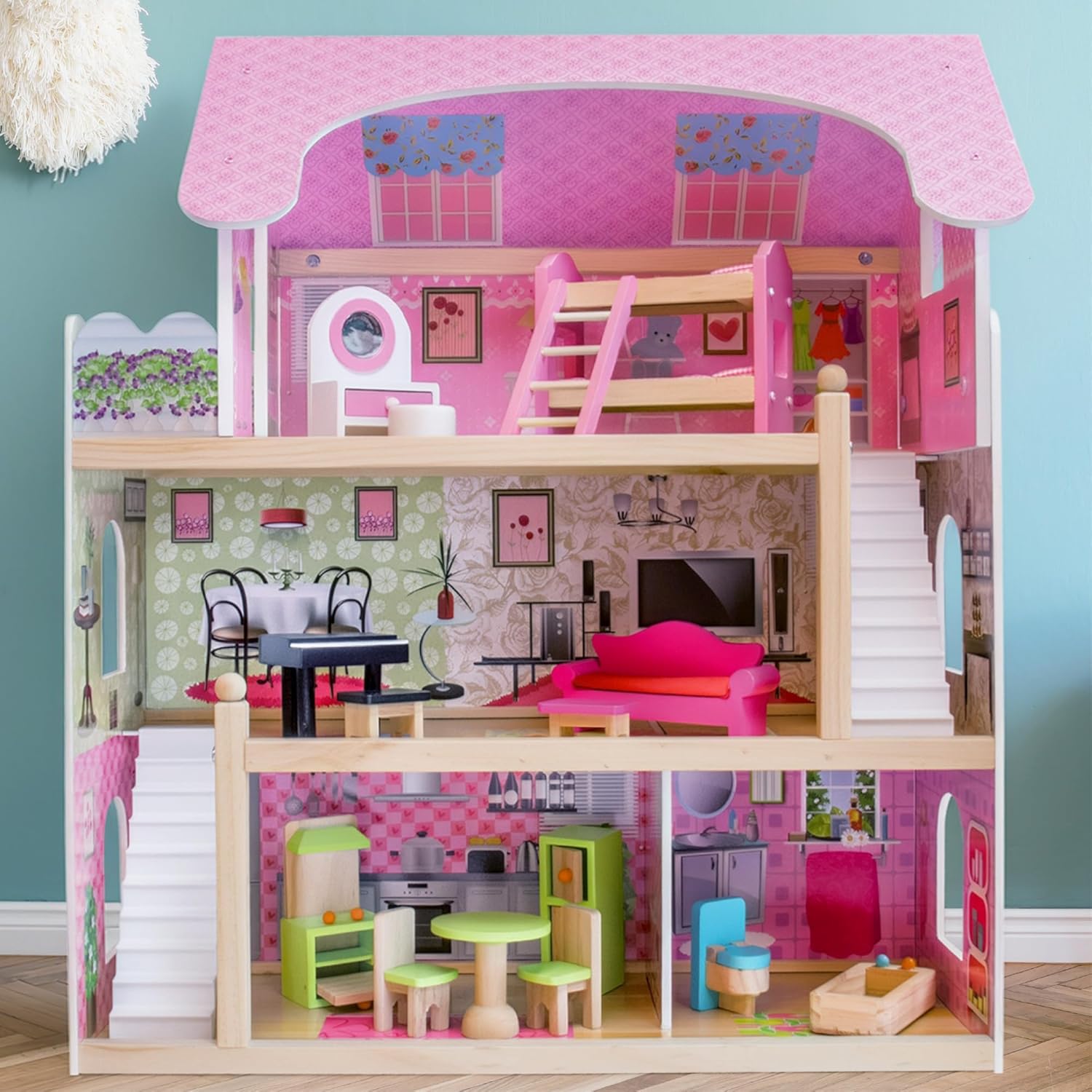 بيت دمى خشبي من EduFun مع شرفة للأطفال الصغار، فيلا دمى كبيرة من 3 طوابق مع 4 غرف، سلالم، ملحقات أثاث من 15 قطعة، لعبة تظاهر تعليمية للأطفال من سن 3 سنوات فما فوق