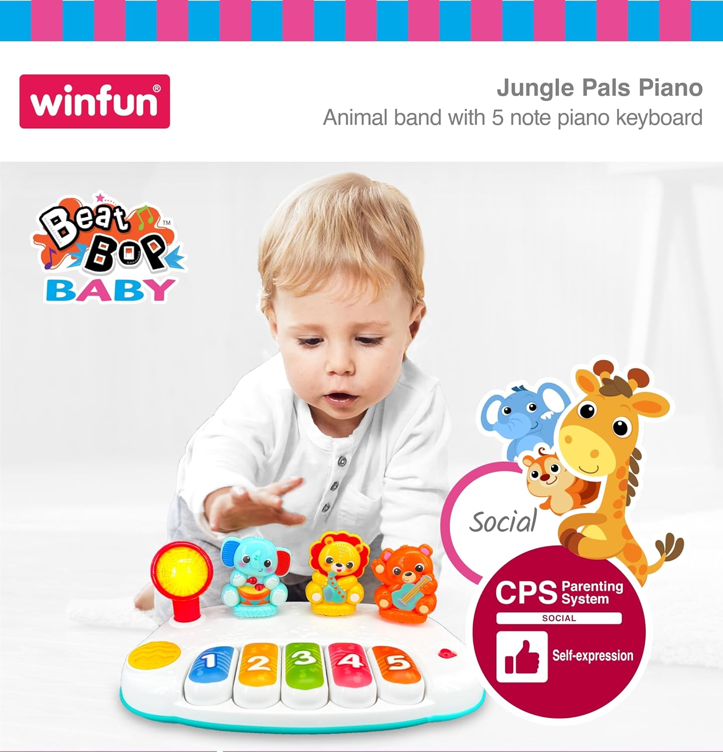 Winfun Jungle Pals Piano Interactive Toy for Kids, Musical Keyboard Baby Toy with Animal Sounds and Light Up Features, Early Learning Music Toy for 12+ Months