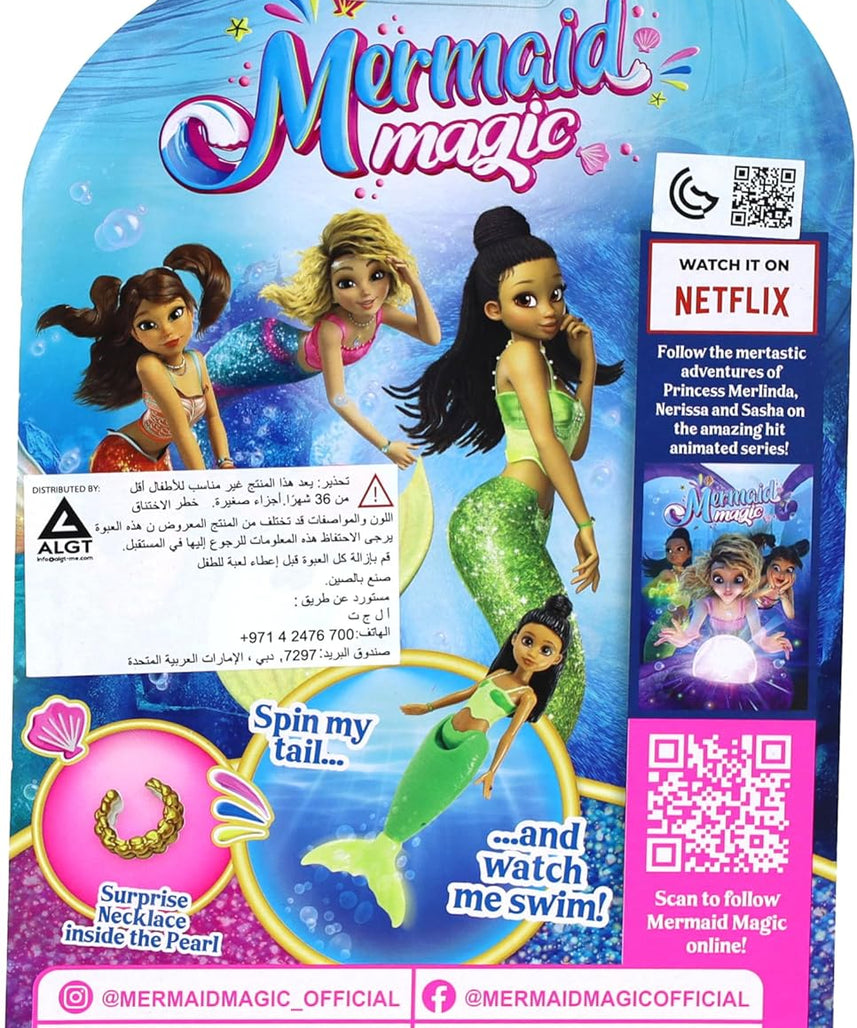 Mermaid Magic Windup Doll 5-Inch Nerissa, Pearl Surprise, Spin to Swim, Action Doll, Bath Time & Pool Toy, Gift, Mermaid Dolls, Collectible, 3 Years+