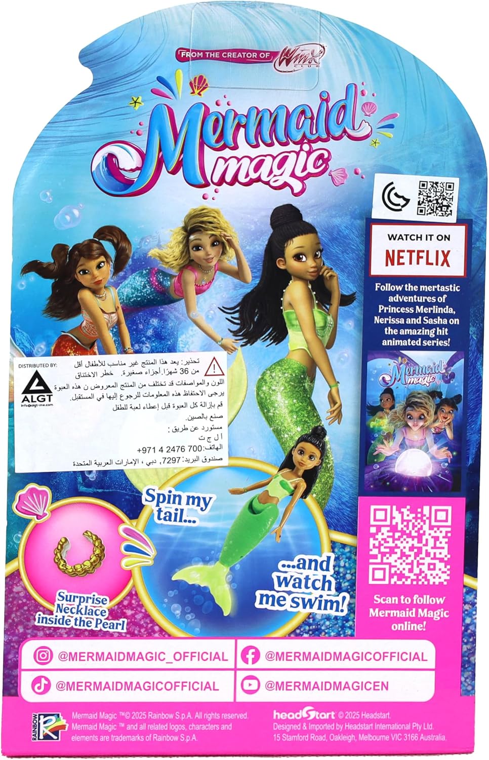 Mermaid Magic Windup Doll 5-Inch Nerissa, Pearl Surprise, Spin to Swim, Action Doll, Bath Time & Pool Toy, Gift, Mermaid Dolls, Collectible, 3 Years+
