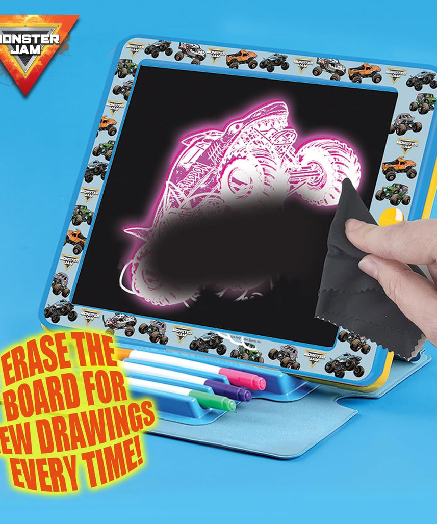 Monster Jam Premium Glow Pad with 8 LED Modes and Sound Effects, Battery Operated Drawing and Tracing Board with Multi-Color Markers, 3Y+ Years
