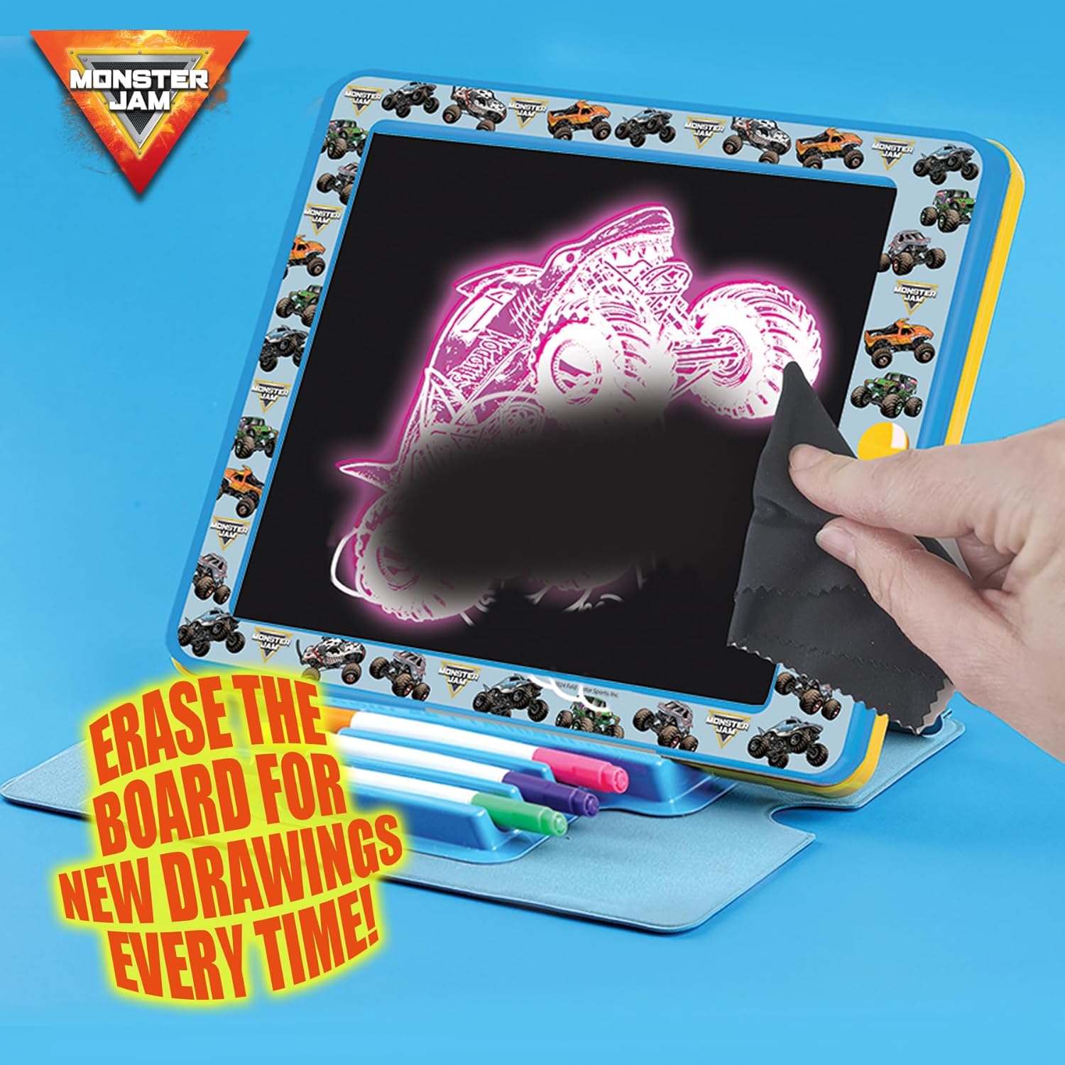 Monster Jam Premium Glow Pad with 8 LED Modes and Sound Effects, Battery Operated Drawing and Tracing Board with Multi-Color Markers, 3Y+ Years