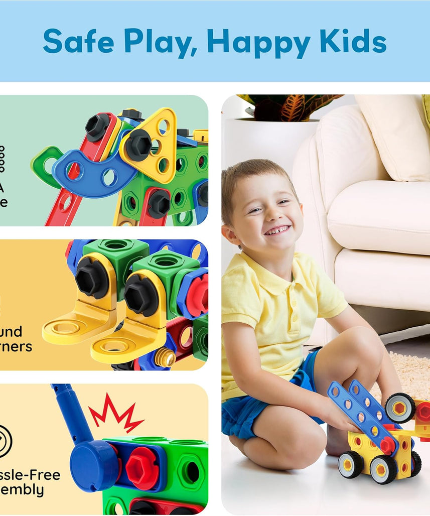 PicassoTiles STEM Learning Toys 152 Piece Building Block Set Kid Toy Construction Engineering Kit Educational Blocks w/Idea Book Design Guide, Storage Carry Box, Power Drill, Ratchet, Age 3+ PTN152