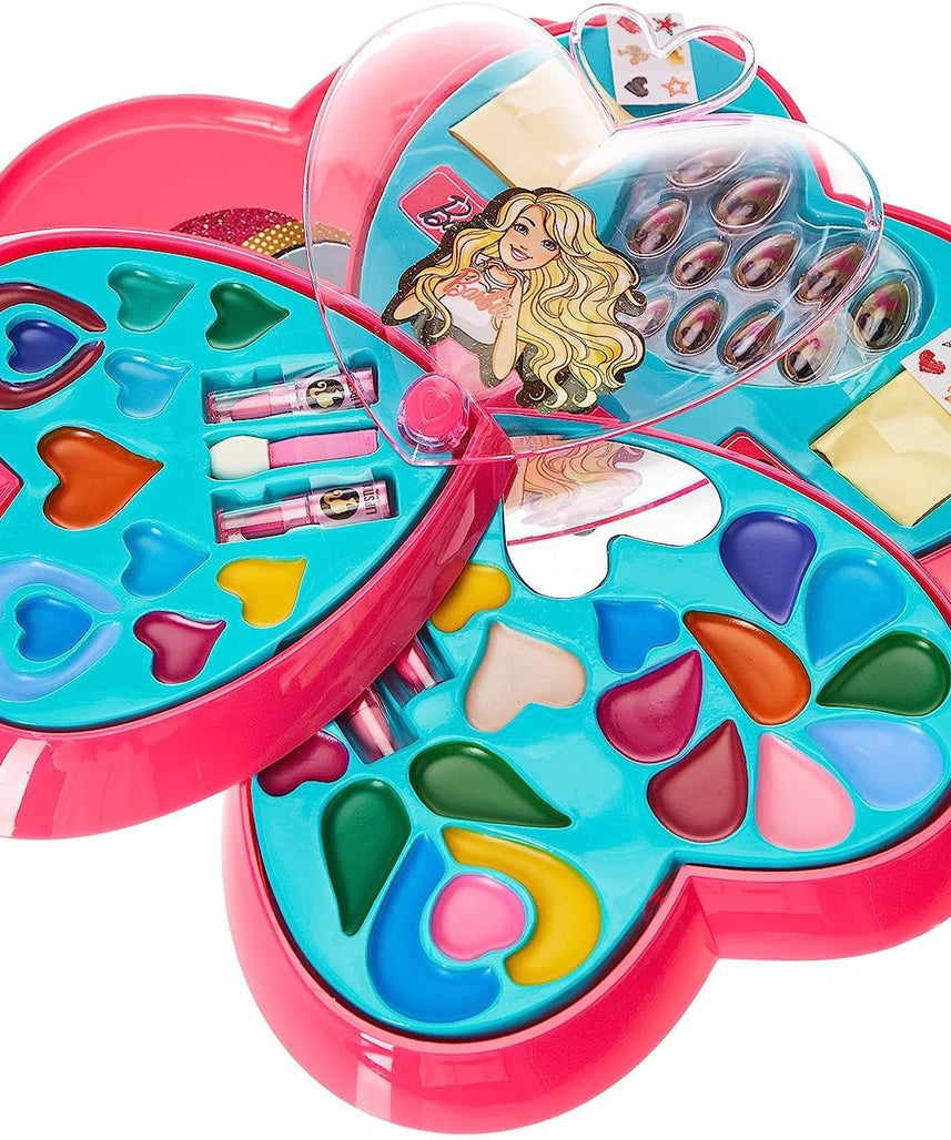 Barbie 4 Decks Heart Shape Cosmetic Case, Pretend Play Makeup Set For Girls Ages 6-9, Multi Color Beauty Toy, Travel Friendly, Organized Compartments, Dress Up And Imaginative Role Play