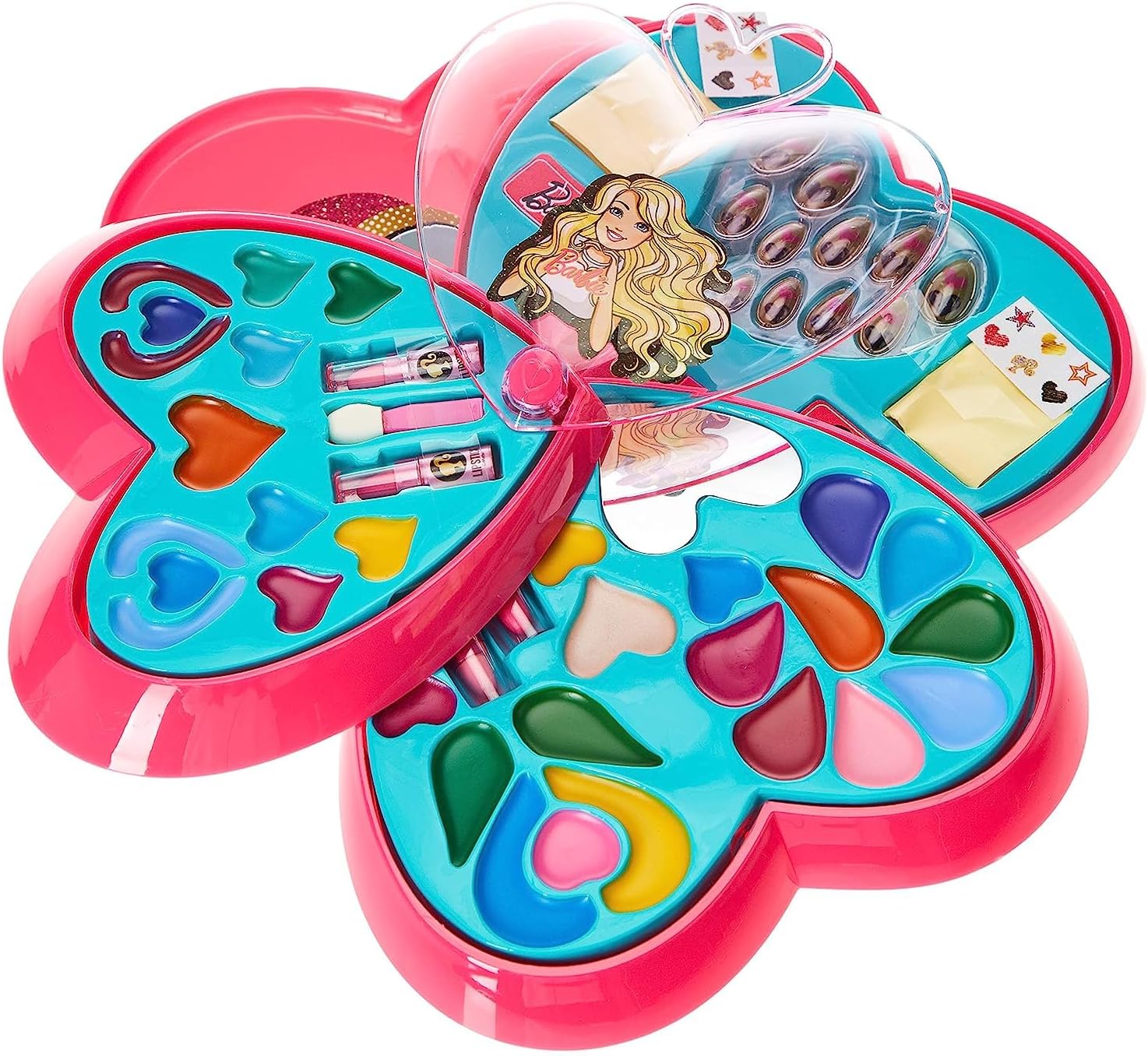 Barbie 4 Decks Heart Shape Cosmetic Case, Pretend Play Makeup Set For Girls Ages 6-9, Multi Color Beauty Toy, Travel Friendly, Organized Compartments, Dress Up And Imaginative Role Play