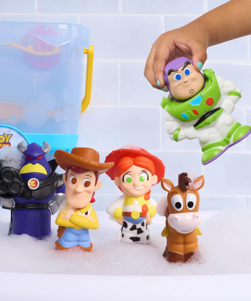 Disney Toy Story Bath Caddy, 6-pieces, 5 Bath Toy Figures Sealed for Safety, Attaches to Wall, Bath Toy for Fans, Girls, Boys, Kids, Ages 3 and Up