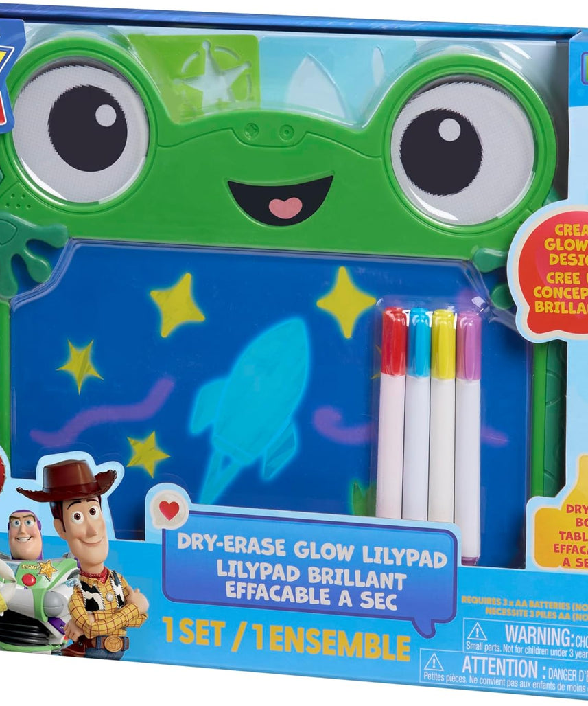 Disney and Pixar Toy Story 5 Dry Erase Glow Lilypad Drawing Board with Neon Markers and Stencils, Reusable Light-Up Drawing Tablet for Kids, Ages 3+