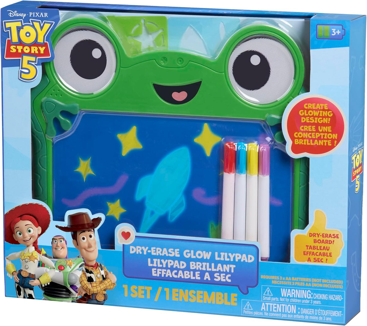 Disney and Pixar Toy Story 5 Dry Erase Glow Lilypad Drawing Board with Neon Markers and Stencils, Reusable Light-Up Drawing Tablet for Kids, Ages 3+