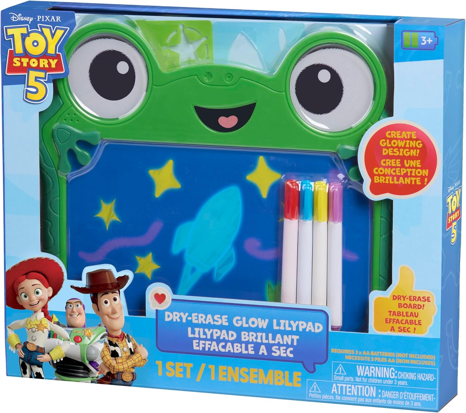 Disney and Pixar Toy Story 5 Dry Erase Glow Lilypad Drawing Board with Neon Markers and Stencils, Reusable Light-Up Drawing Tablet for Kids, Ages 3+