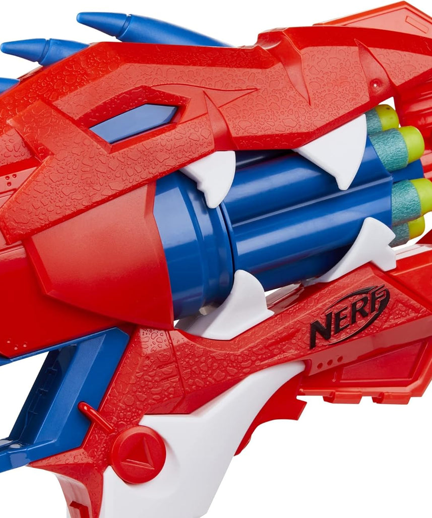 Nerf DinoSquad Raptor-Slash Dart Blaster, 6-Dart Rotating Drum, Slam-Fire Action, 6 Official Nerf Elite Darts, Velociraptor Dinosaur Design, Multicolour