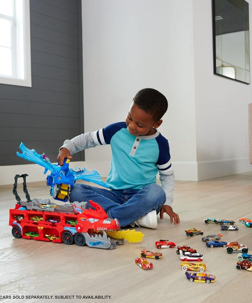 Hot Wheels City Toy Car Track Set, Ultimate Dual Dragon Transporter & 2 Die-Cast Cars, Large-Scale Dragon & Detachable Dragon, Stores 20+ Vehicles