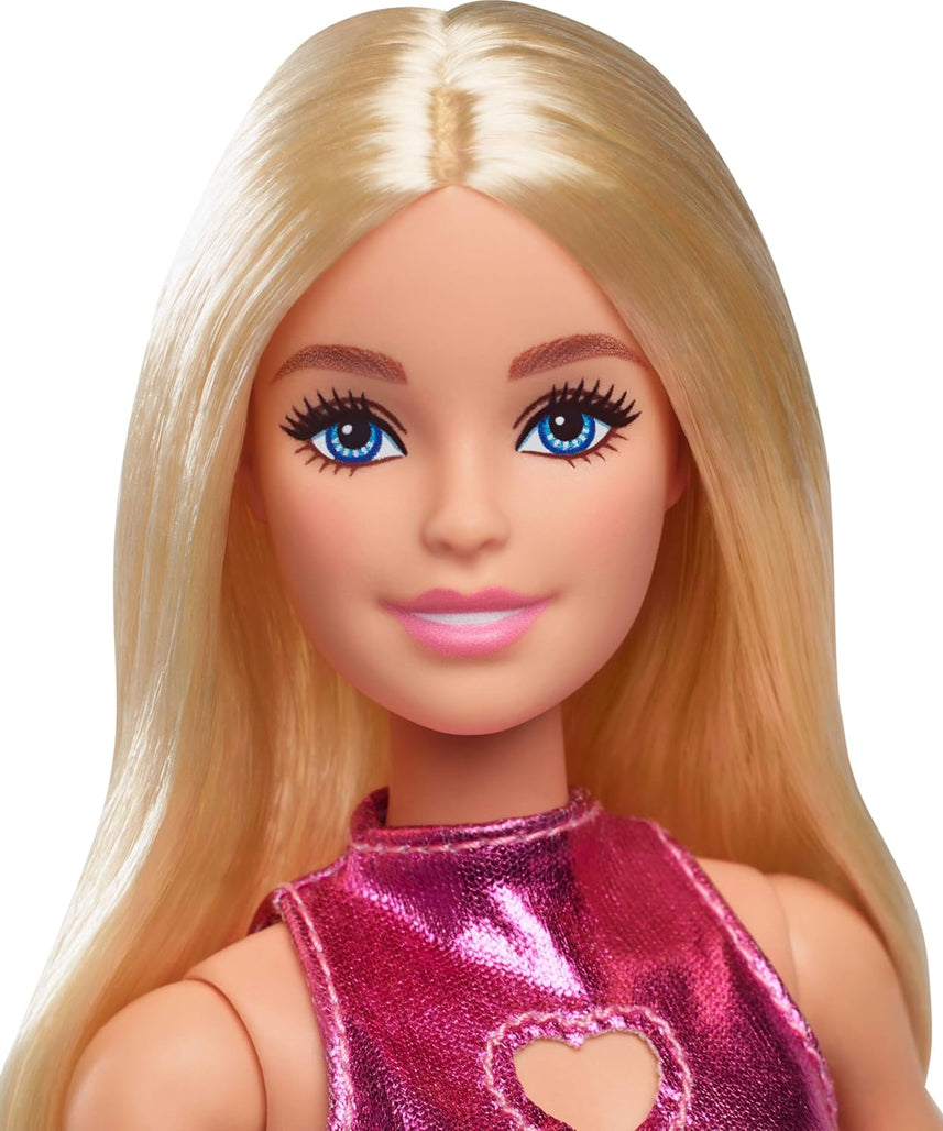 Barbie Fashionistas Doll #230 with Blond Hair, Wearing Metallic Pink Minidress with Heart Cut-Out, White Bracelet and Heels