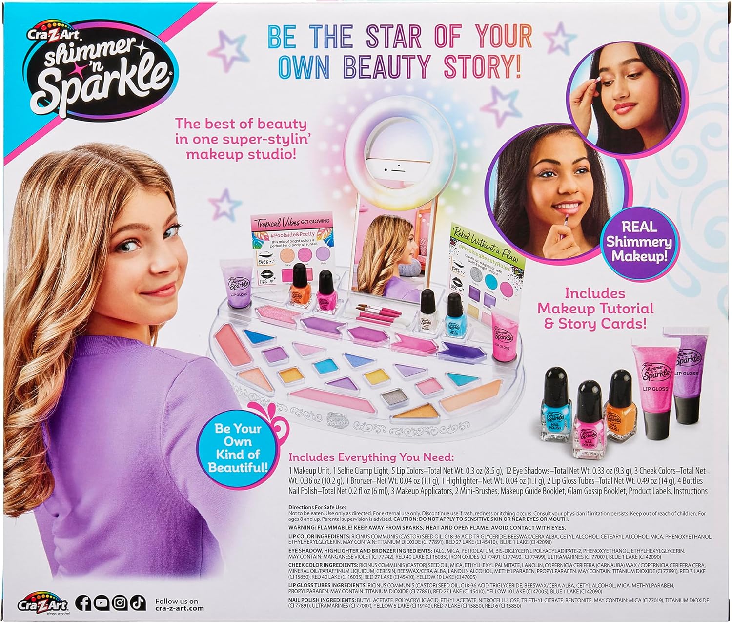 Shimmer N Sparkle Light-Up Beauty Studio, SNS-17346, Selfie Makeup Kit, Phone Holder, USB Charging, Girls Toy