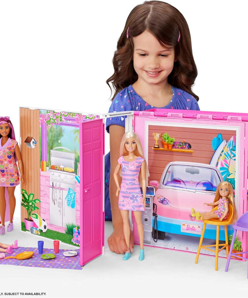 Barbie Getaway Doll House with Barbie Doll, 4 Play Areas and 11 Decor Accessories, Age 3+