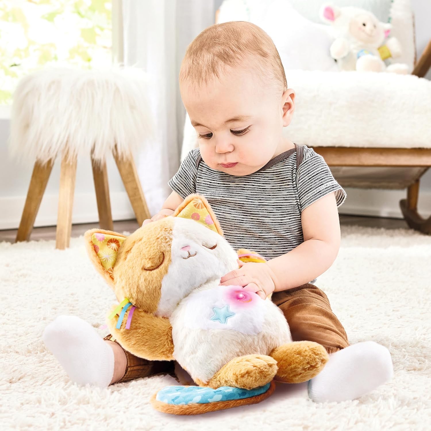 VTech Baby Calming Purrs Kitten Soft Plush Soothing Toy with Breathing Motion, Lights, Melodies, White Noise & Nature Sounds, Interactive Comfort Toy for Babies 0+ Months