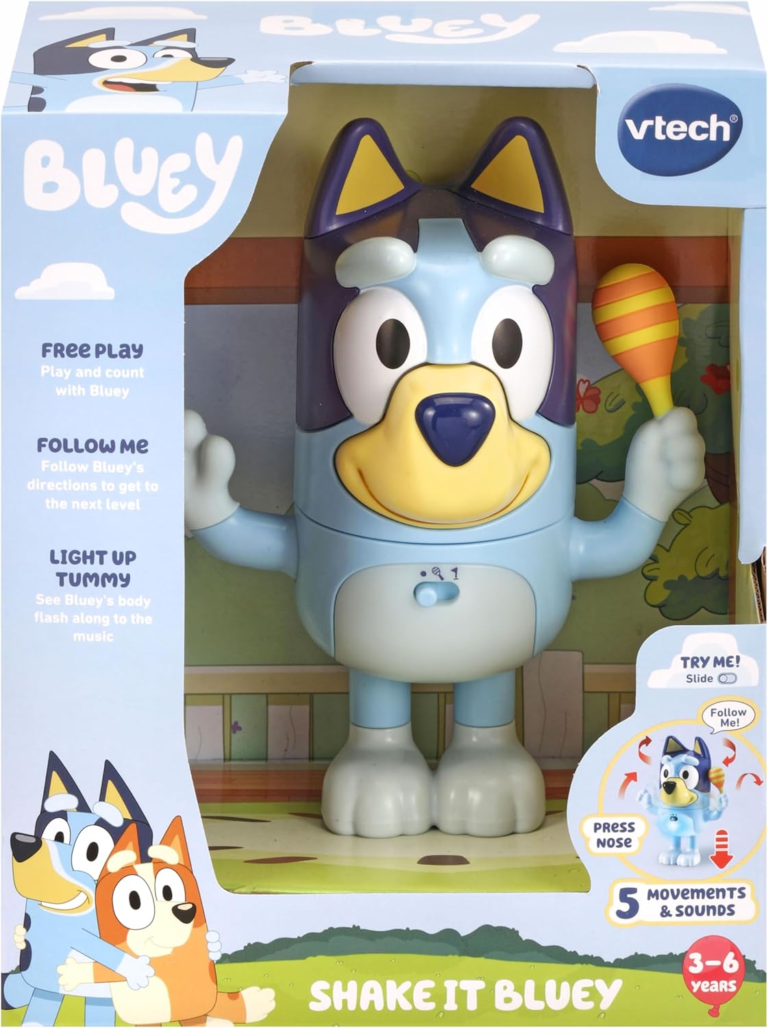 VTech Shake It Bluey Interactive Toddler Toy with Music, Sounds and Phrases from TV Show, Educational Play, Follow Me Memory Game, Motor Skill Development, Learning Toy, Ideal Gift for Kids Ages 3-5, Blue