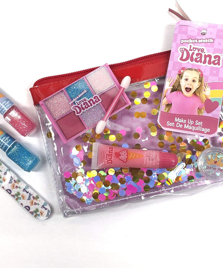 حقيبة قطار لوف ديانا مع مستحضرات تجميل، وطلاء أظافر، وملمع شفاه، وظلال عيون، ووعاء بريق، ومبرد أظافر وأداة وضع، مجموعة مكياج تظاهرية للأطفال من سن 3 سنوات فما فوق