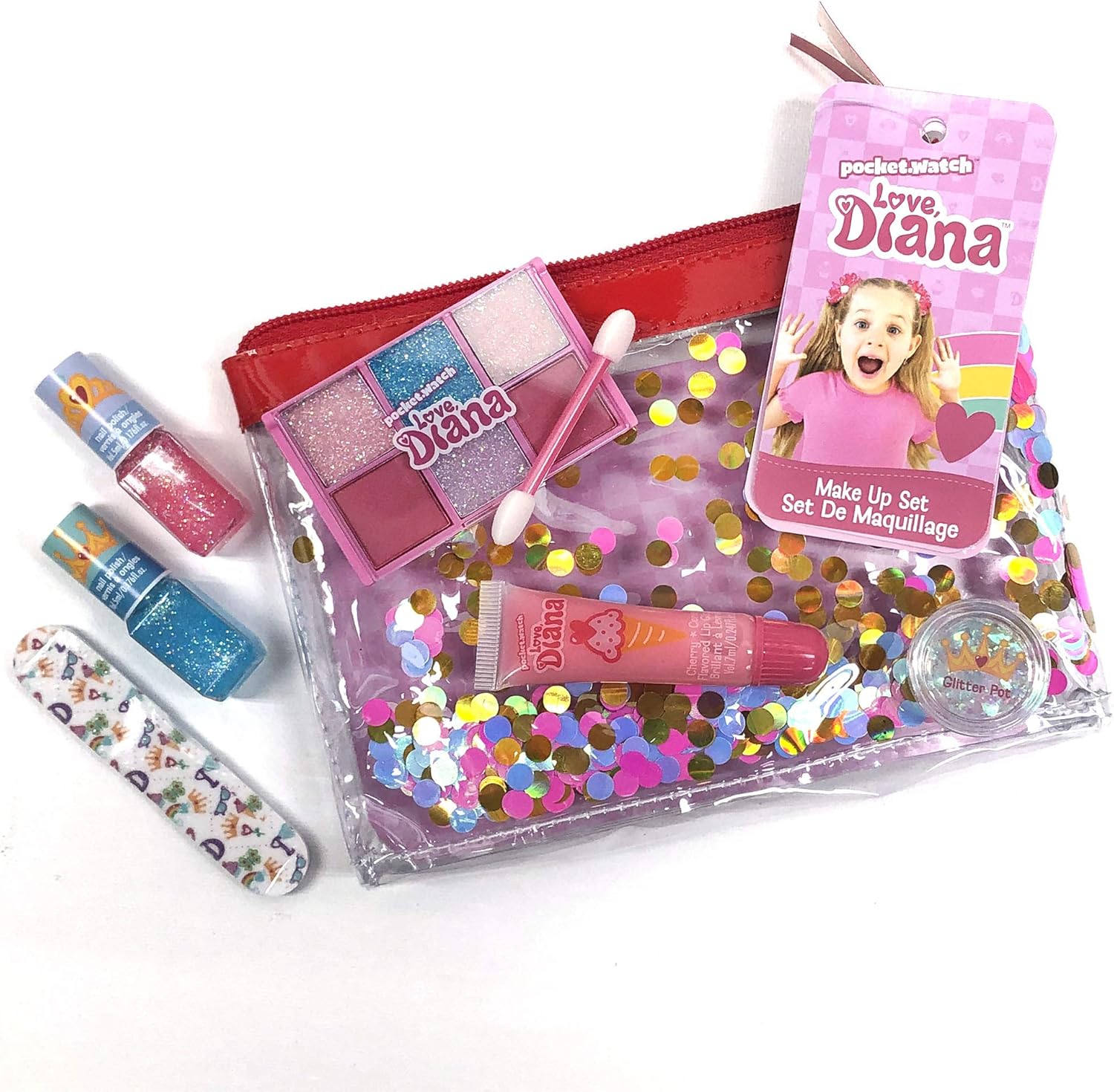 حقيبة قطار لوف ديانا مع مستحضرات تجميل، وطلاء أظافر، وملمع شفاه، وظلال عيون، ووعاء بريق، ومبرد أظافر وأداة وضع، مجموعة مكياج تظاهرية للأطفال من سن 3 سنوات فما فوق