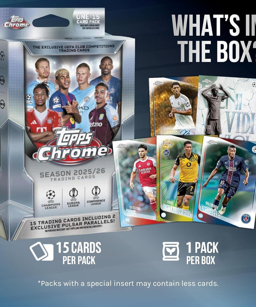Topps UEFA Club Competitions Chrome 2025/26 Hanger Pack Trading Cards, 15 Cards Per Pack, Exclusive Pulsar Parallels, Autograph Chase Cards, Official UEFA Football Collectibles