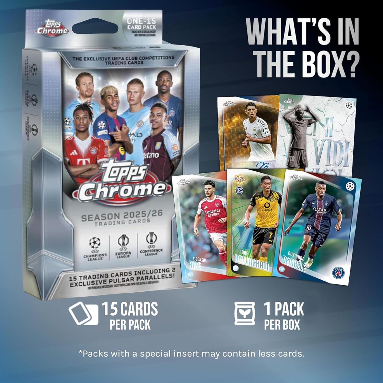 Topps UEFA Club Competitions Chrome 2025/26 Hanger Pack Trading Cards, 15 Cards Per Pack, Exclusive Pulsar Parallels, Autograph Chase Cards, Official UEFA Football Collectibles