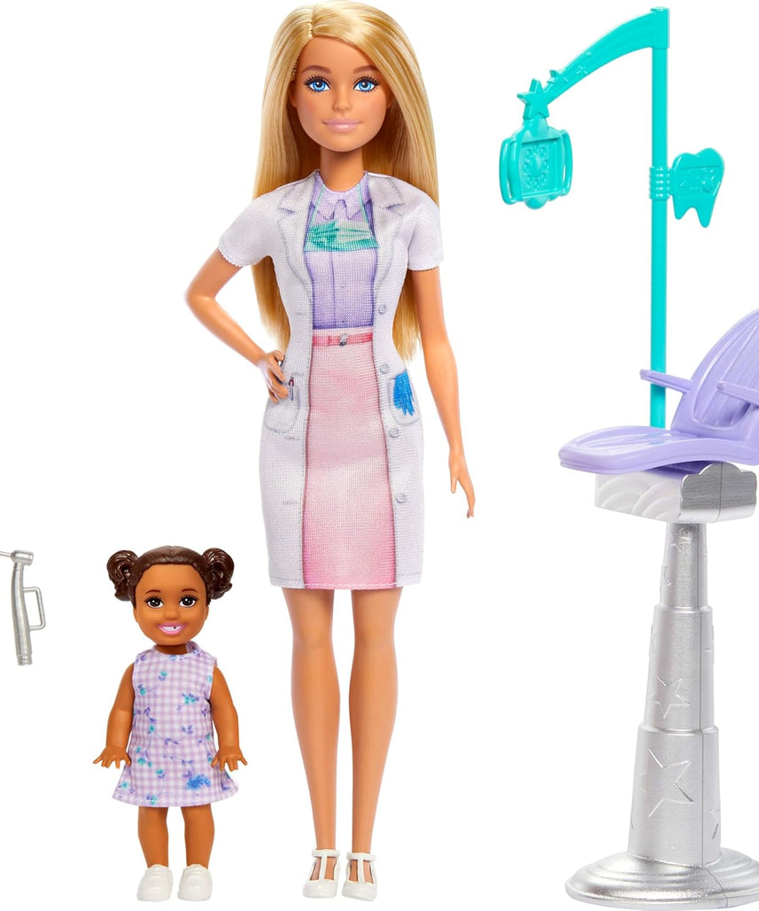 Barbie Kid Dentist Doll with Blonde Fashion Doll, Blue Dress, Lab Coat, and Medical Doctor Accessories, Career Playset for Kids 3+