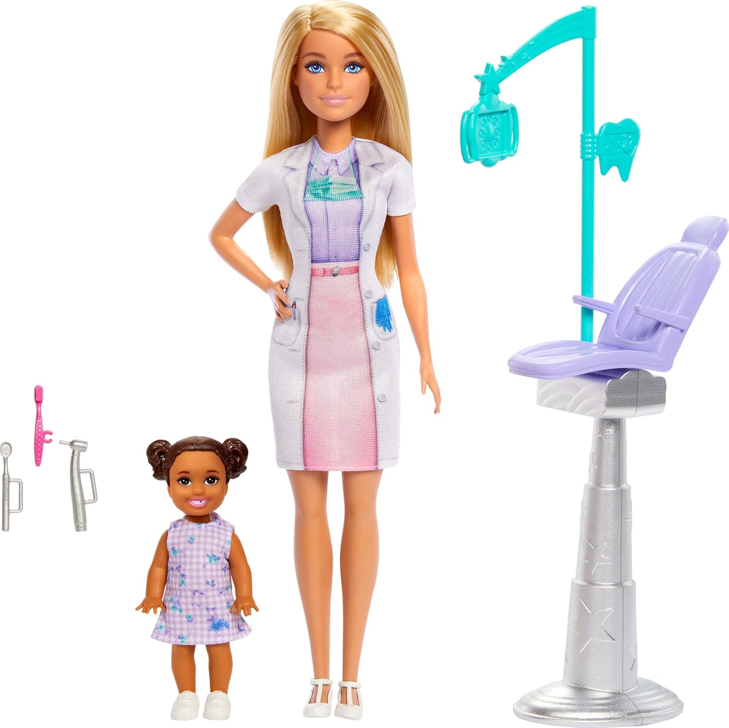 Barbie Kid Dentist Doll with Blonde Fashion Doll, Blue Dress, Lab Coat, and Medical Doctor Accessories, Career Playset for Kids 3+