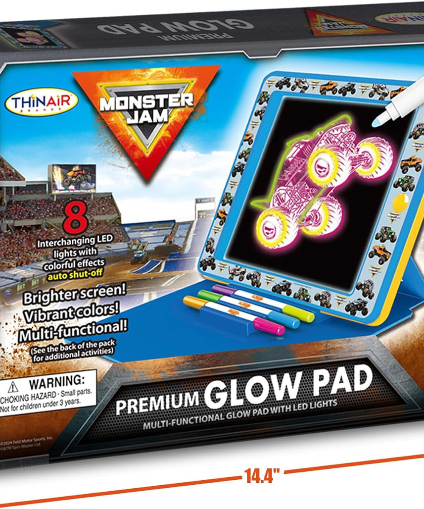 Monster Jam Premium Glow Pad with 8 LED Modes and Sound Effects, Battery Operated Drawing and Tracing Board with Multi-Color Markers, 3Y+ Years
