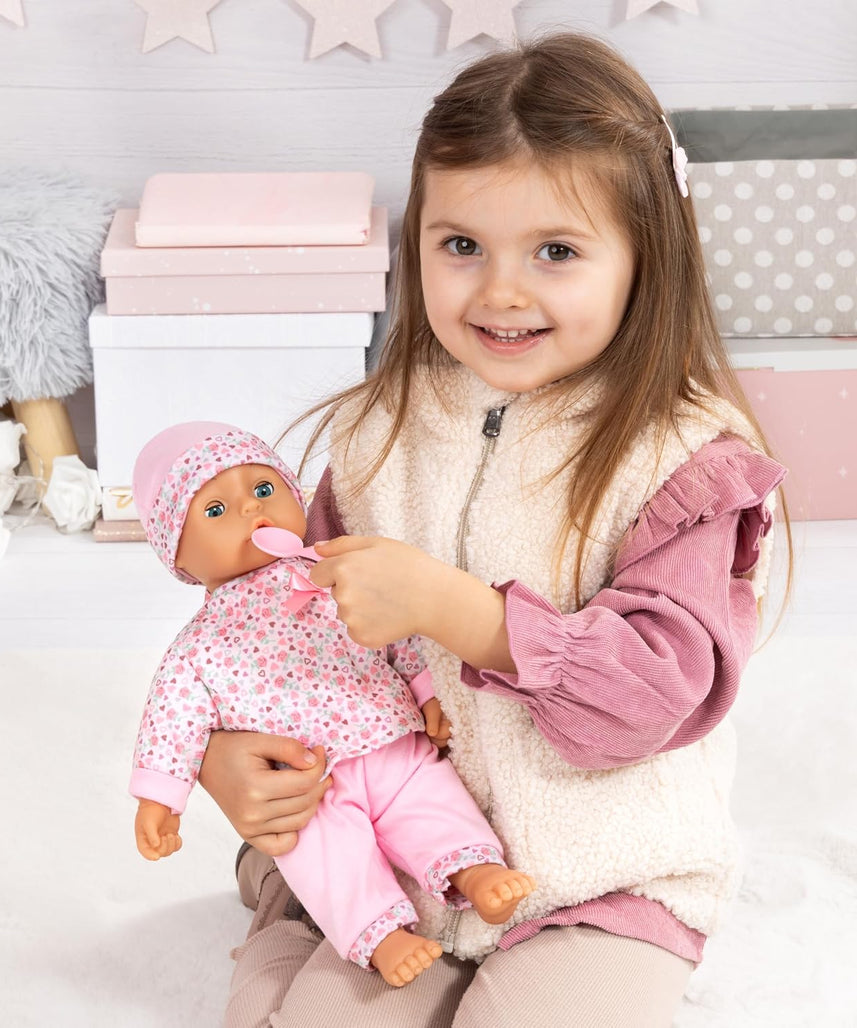 Bayer Baby Doll Play Set 36cm, Soft Body Cuddly Baby Doll with Extra Outfit & Hat, Feeding Accessories (Plate, Spoon, Fork), Pretend Play Toy for Kids, Lightweight Doll for Toddlers
