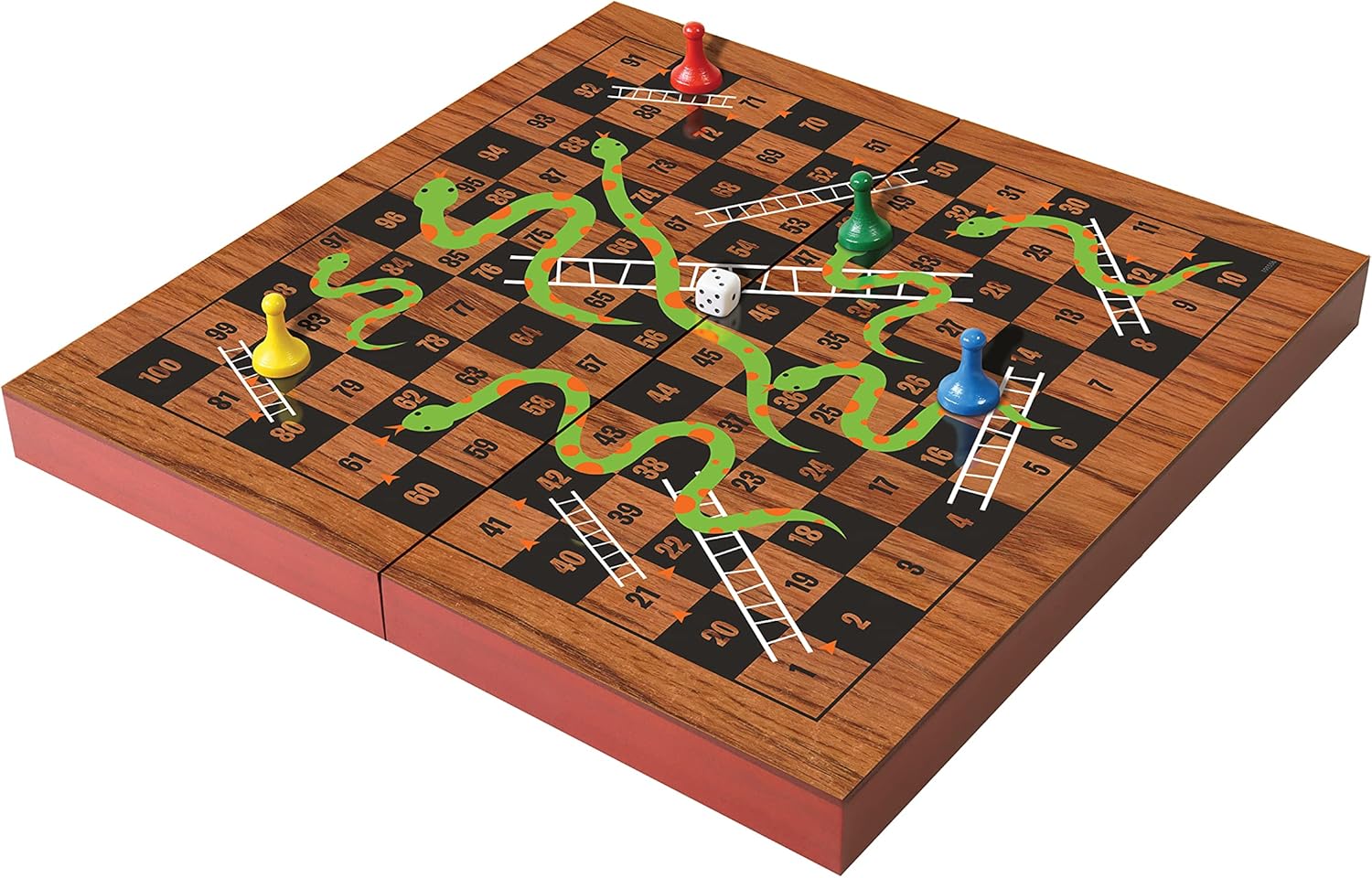 Ambassador Merchant Folding Wood Snakes & Ladders Board Game, 4 Colored Playing Pieces, 1 Dice, Magnetic Closure, 29.5cm x 29.5cm, Kids 6 Years+