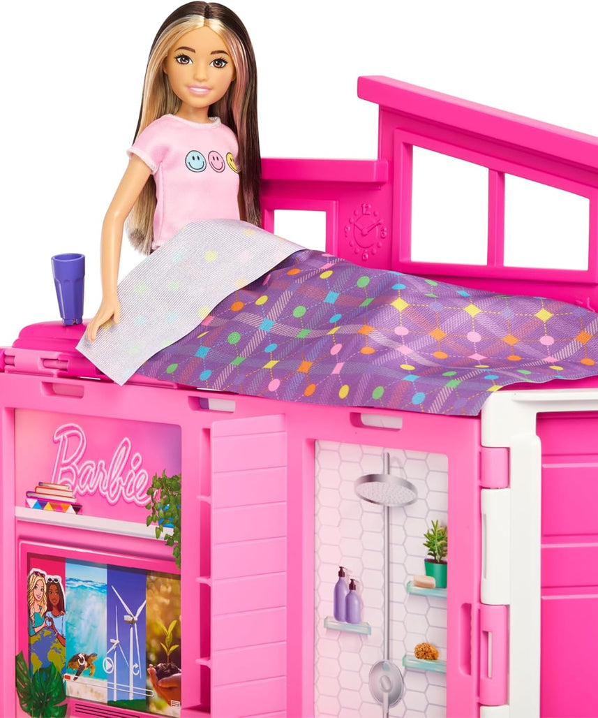 Barbie Getaway Doll House with Barbie Doll, 4 Play Areas and 11 Decor Accessories, Age 3+