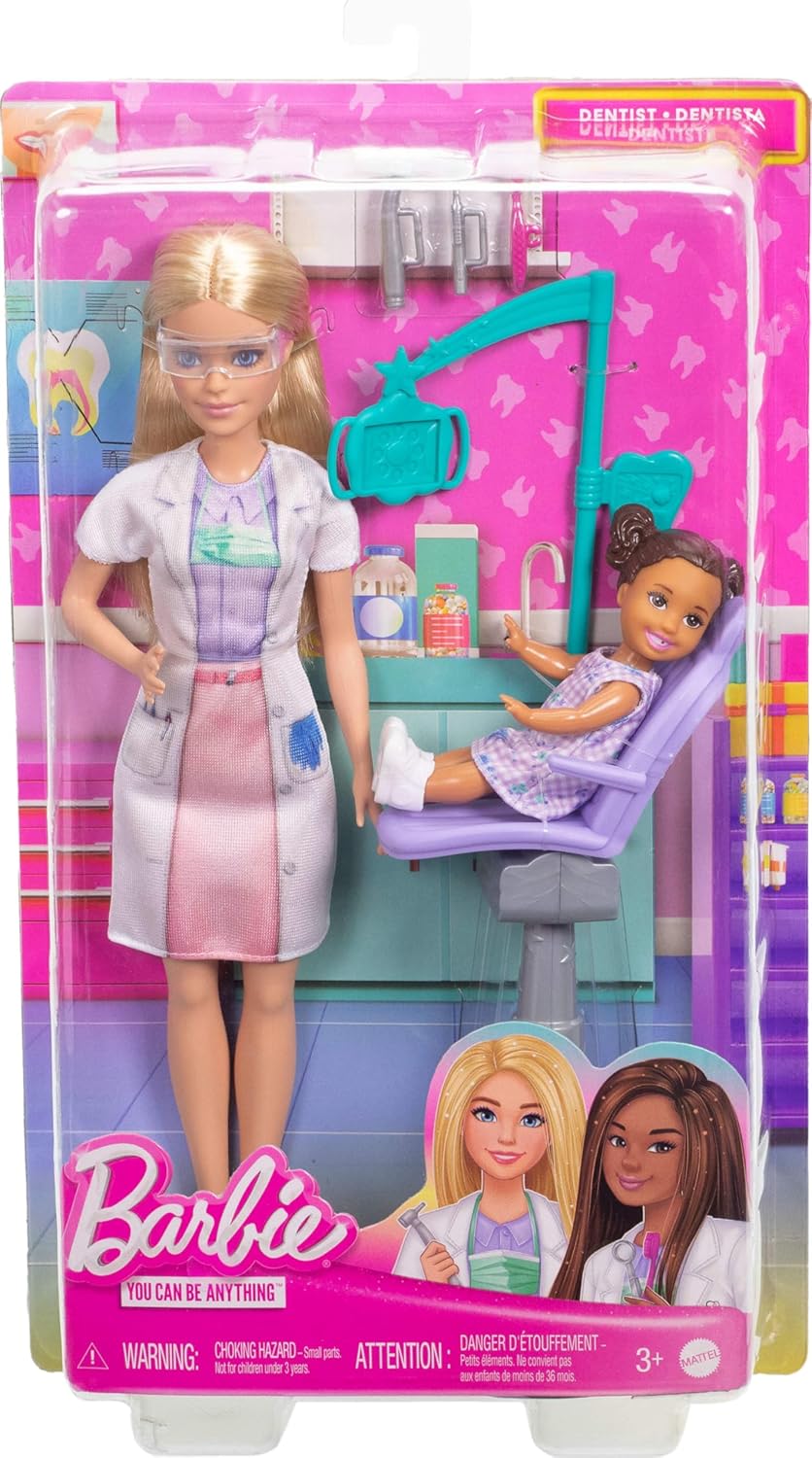 Barbie Kid Dentist Doll with Blonde Fashion Doll, Blue Dress, Lab Coat, and Medical Doctor Accessories, Career Playset for Kids 3+