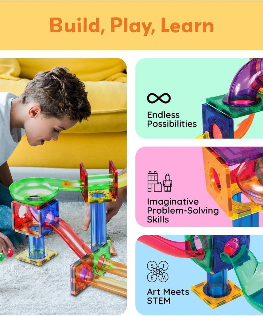 PicassoTiles Marble Run 50-Piece Magnetic Tile Race Track Toy Play Set, STEM Building & Learning, Educational Magnet Construction, Child Brain Development Kit, Boys Girls Age 3 4 5 6 7 8+ Years Old