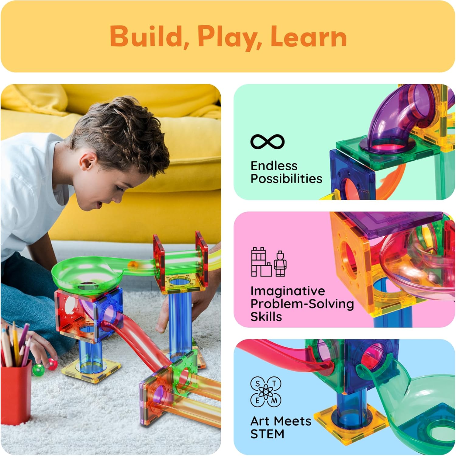 PicassoTiles Marble Run 50-Piece Magnetic Tile Race Track Toy Play Set, STEM Building & Learning, Educational Magnet Construction, Child Brain Development Kit, Boys Girls Age 3 4 5 6 7 8+ Years Old