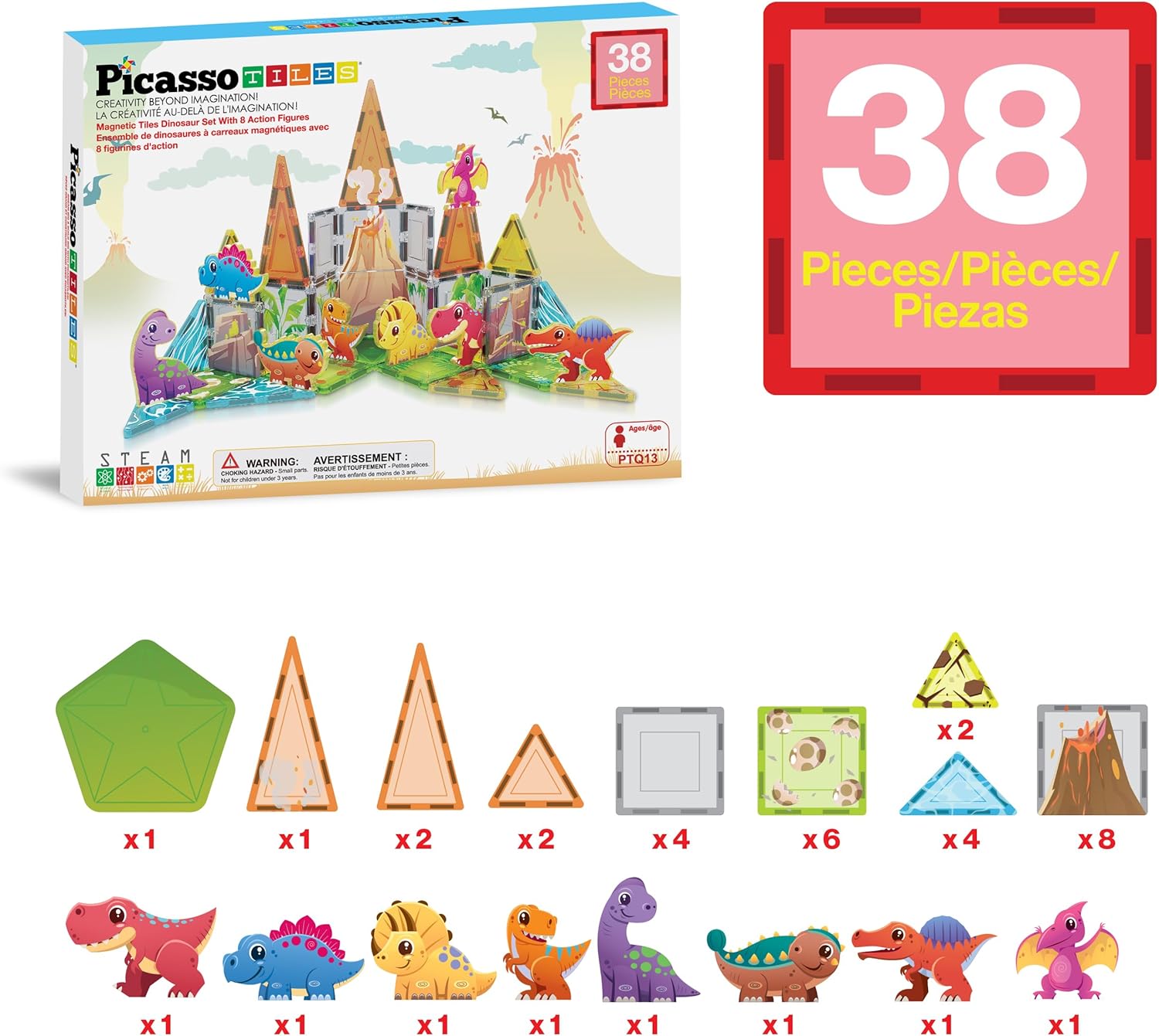 PicassoTiles 38pc Magnet Tiles Building Blocks Dinosaur Theme Set with 8 Magnetized Action Figures Magnetic Construction Build and Play Toys with Magnets STEM Learning Activities for Toddlers 3+ PTQ13