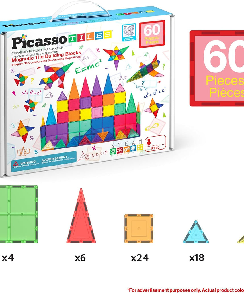 PicassoTiles Magnetic Tiles 60pcs Kids Toys Classroom Sensory Toy for Toddlers STEM Learning Building Blocks, Montessori Pretend Play Magnet Tile Construction Stacking Block Boys Girls Ages 3+ PT60