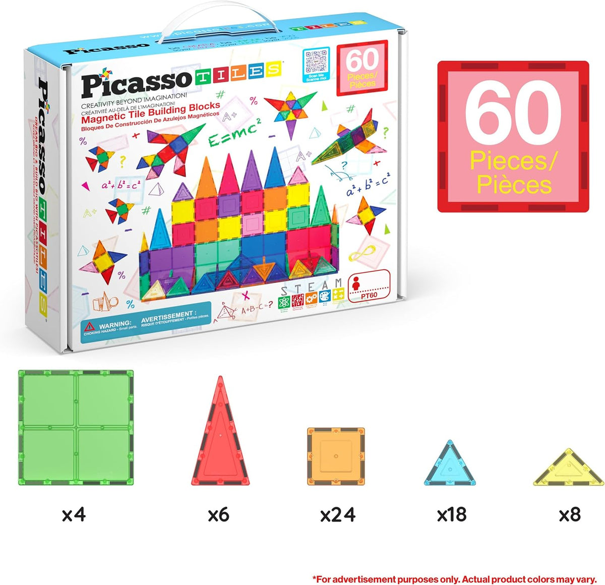 PicassoTiles Magnetic Tiles 60pcs Kids Toys Classroom Sensory Toy for Toddlers STEM Learning Building Blocks, Montessori Pretend Play Magnet Tile Construction Stacking Block Boys Girls Ages 3+ PT60