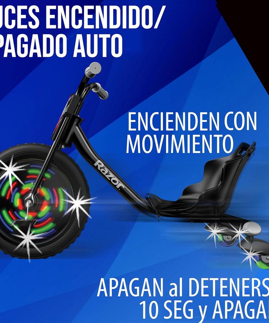 دراجة Razor RipRider 360 Lightshow Drifting ثلاثية العجلات للأطفال من سن 5 سنوات فما فوق، مزودة بدواسة ومصابيح LED متعددة الألوان تعمل بالحركة وعجلات خلفية