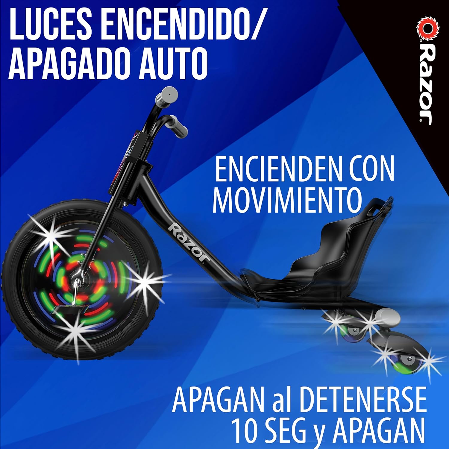 دراجة Razor RipRider 360 Lightshow Drifting ثلاثية العجلات للأطفال من سن 5 سنوات فما فوق، مزودة بدواسة ومصابيح LED متعددة الألوان تعمل بالحركة وعجلات خلفية
