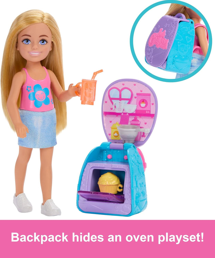 Barbie Family & Friends Cupcake Baking Backpack Blonde Chelsea Doll, Wearable Backpack with Baking Play Pieces
