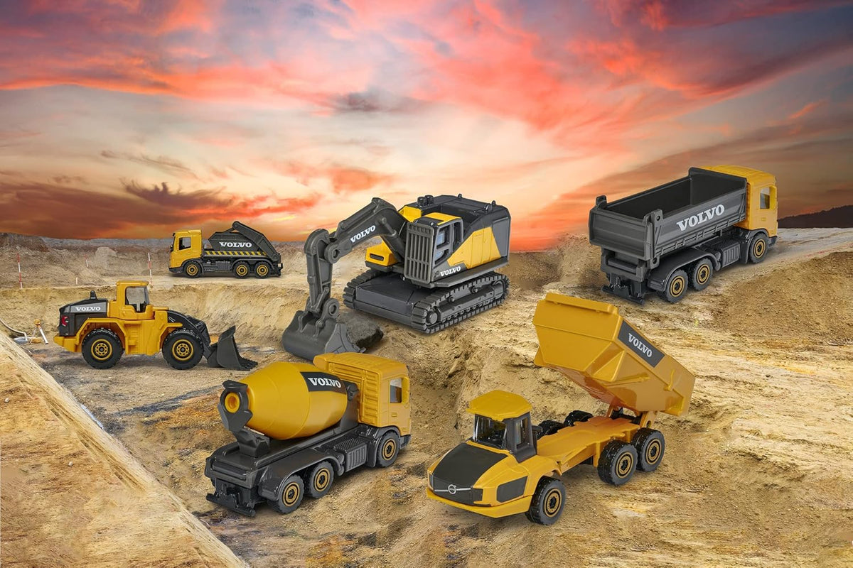 Majorette Volvo Construction Truck Set – 3-Piece Die-Cast Vehicle Collection with Moving Parts for Kids 3+, Realistic Sandpit and Collector’s Toy