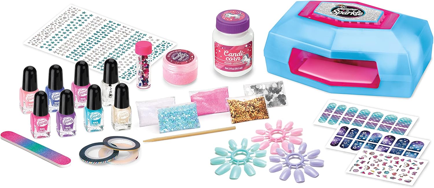 Shimmer 'n Sparkle Ultimate Glitter Nail Designer Set, All-in-One Salon Kit with Light-Up Nail Dryer, 8 Nail Polishes, Glitter, Gems, Nail Stickers & Press-On Rings, Creative Nail Art Kit for Kids Girls Ages 8+