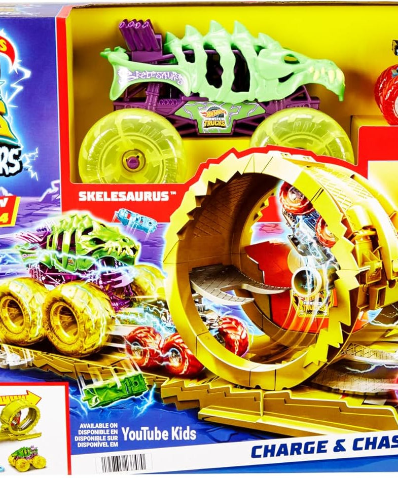 Hot Wheels Monster Trucks Charge and Chase Track Set with Oversized Skelesaurus and Bone Shaker, Power Smashers Loop Track, Includes 2 Crushed Cars, Action Racing Playset for Kids 4 Years+